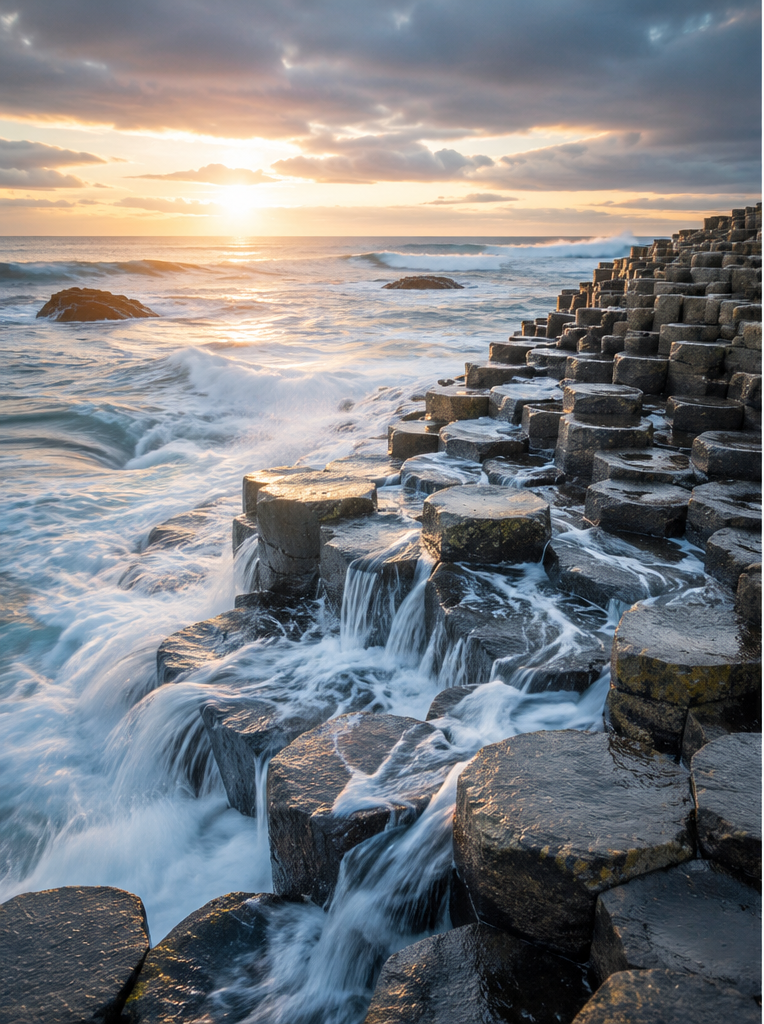 Sunrise over the basalt columns of the Giant's Causeway with clean water washing across the stone.